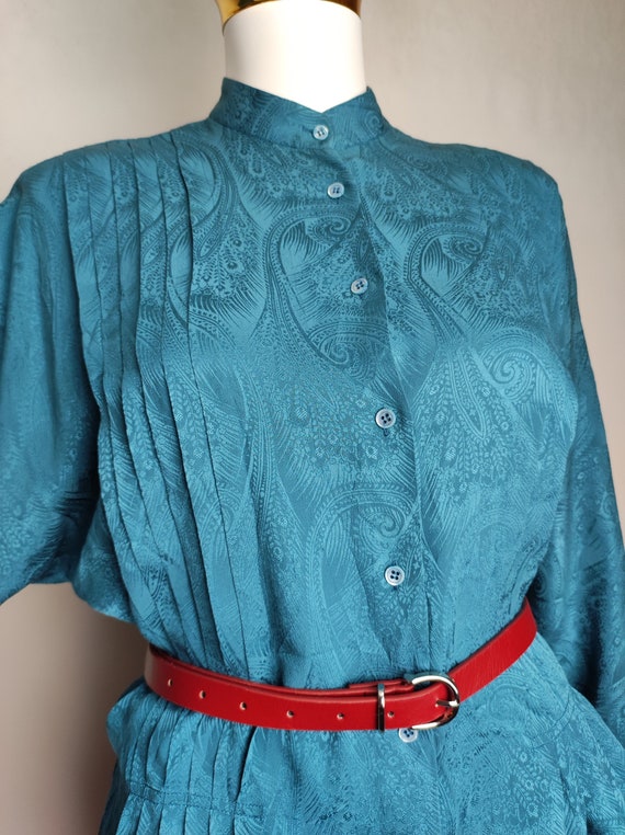 70s Turquoise Silk Blouse, Pleated Pure Silk Shir… - image 5