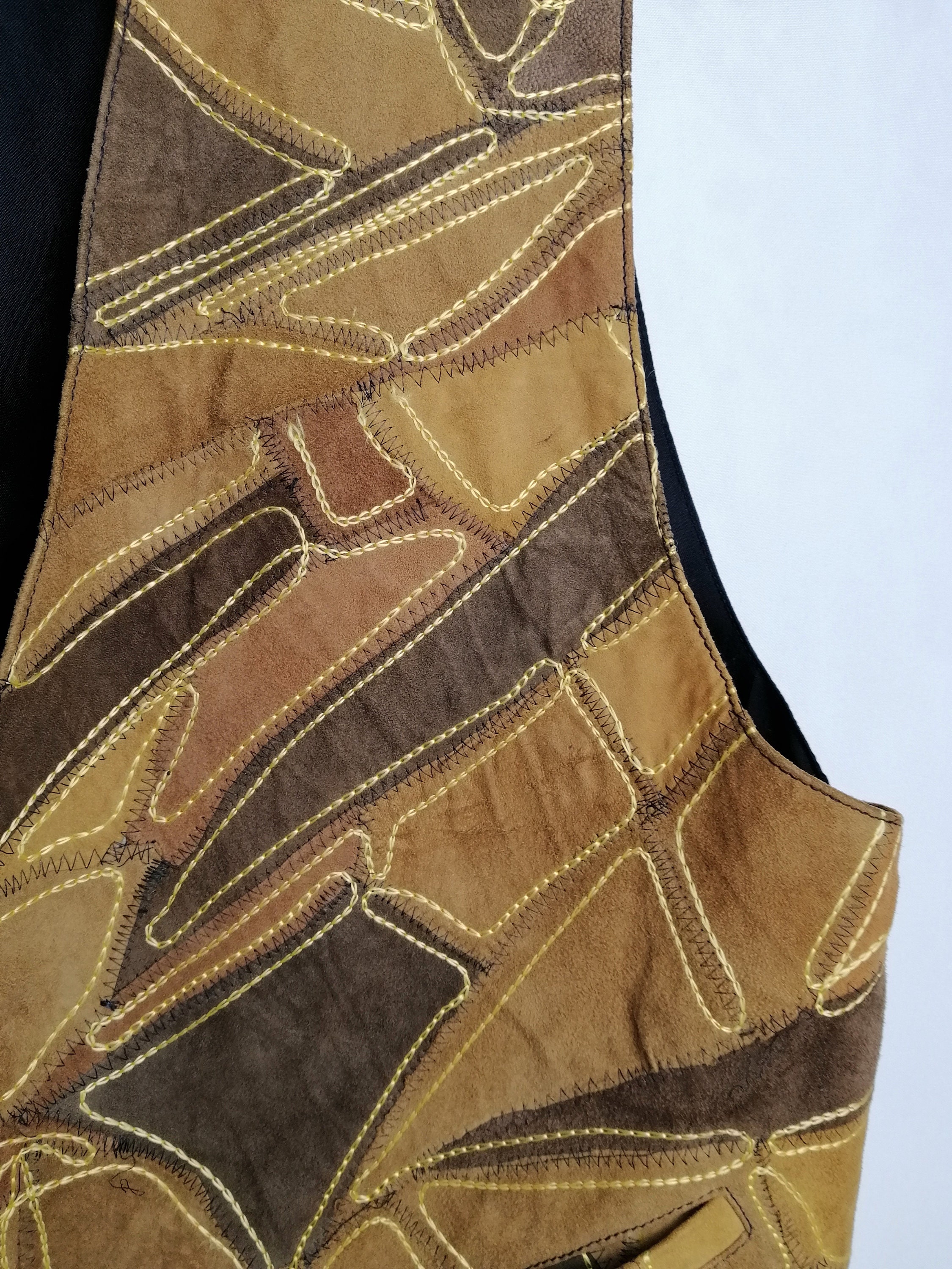 Real Leather Patchwork Vest, Western Cowboy Waistcoat, 90s