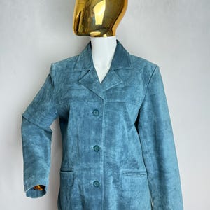 90-tals dammockajacka, skifferblå äkta läderkavaj, minimalistisk westernkappa, klassisk retro höstjacka, tidlösa mockaytterkläder, M L bild 9