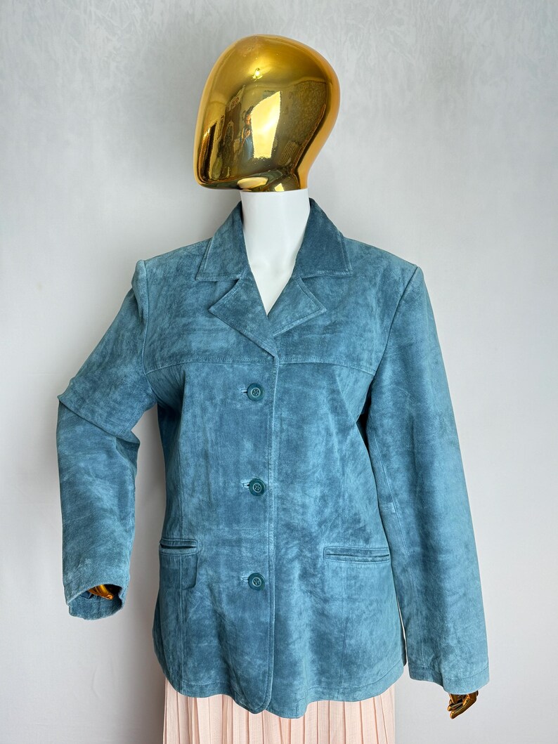 90-tals dammockajacka, skifferblå äkta läderkavaj, minimalistisk westernkappa, klassisk retro höstjacka, tidlösa mockaytterkläder, M L bild 9