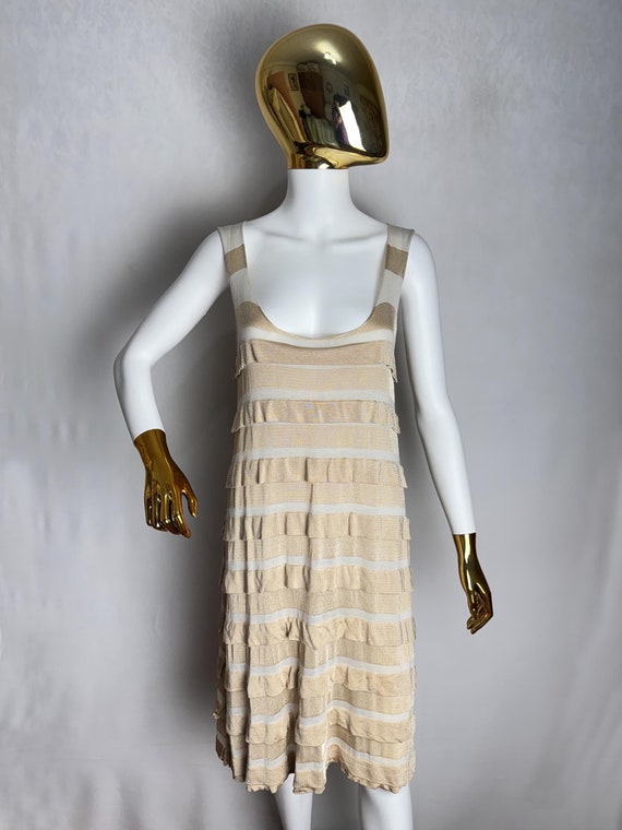 Emporio Armani, EMPORIO ARMANI Sleeveless Dress, Italian Designer Dress, Beige Striped Knit Dress, Luxury Chic Summer Outfit, Lightweight Resort Beach Dress