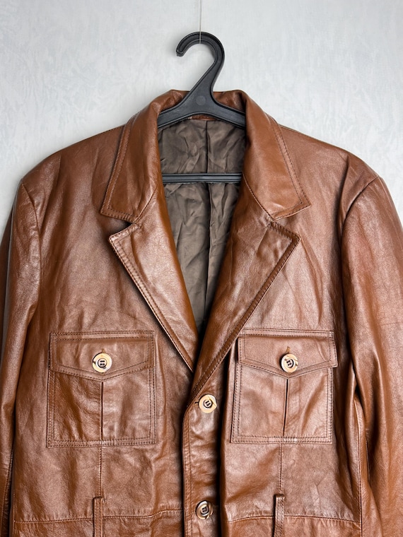 Vintage Mens Leather Jacket, 70s Style Leather Safari Jacket