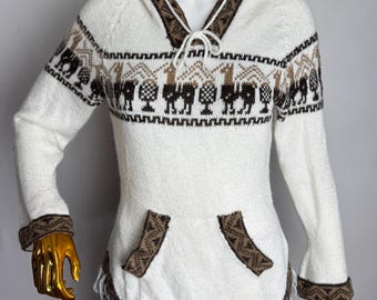 Peruvian Alpaca Hoodie, Ethnic Boho Hooded Sweater, Cusco Alpaca White Pullover, Traditional Womens Llama Sweater, Soft Knit Inca Hoodie, XS