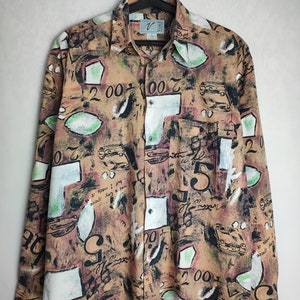 Mens Abstract Print Shirt, 90s Long Sleeve Cotton Shirt, Novelty Viscose Button Up, Psychedelic Festival Shirt, Multicolor Summer Shirt, M