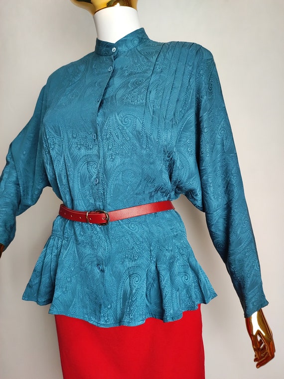 70s Turquoise Silk Blouse, Pleated Pure Silk Shir… - image 4