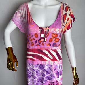 LOUIS FERAUD Paris Viscose Dress, Multicolor Animal Print Dress, Y2K Designer Summer Dress, Boho Chic Beach Dress, Short Sleeve Tunic Dress