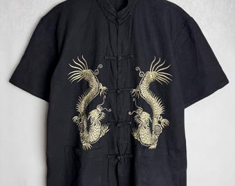 Gold Dragon Embroidery Mens Shirt, Traditional Chinese Black Cotton Shirt, Mandarin Collar Frog Closure Shirt, Oriental Asian Kung Fu Shirt