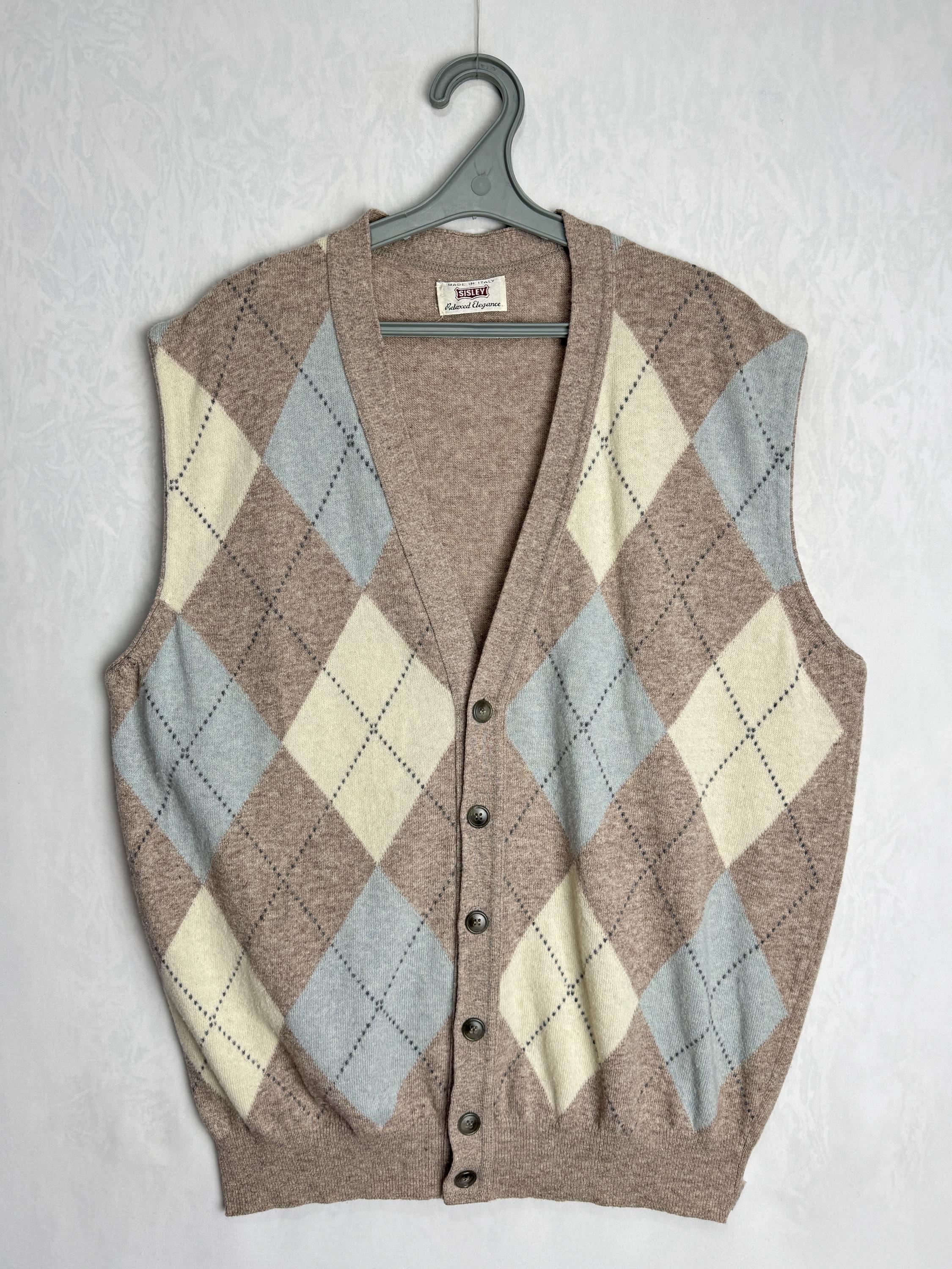 Pull Cardigan Vintage Homme Beige Motif Argyle Taille M - Idéal Mi-Saison