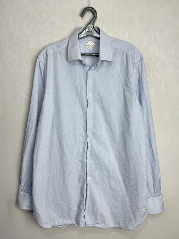 Pal Zileri, PAL ZILERI Mens Cotton Shirt, Light Blue Micro Check Button Up, Italian Luxury Designer Dress Shirt, Classic Long Sleeve Business Shirt, M