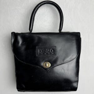 KENZO PARIS Vintage Leather Handbag, 90s French Luxury Designer Bag, Black Minimalist Top Handle Bag, Classic Everyday Structured Purse