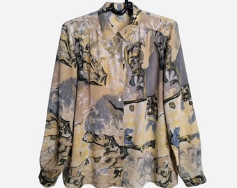 VINTAGE Womens Printed Blouse 80s 90s Oversized Abstract Print Psychedelic Polyester Long Sleeve Button Up Shirt