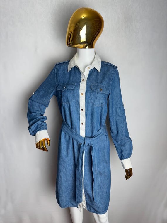 long sleeve belted denim dress Light Wash Belted Denim Dress