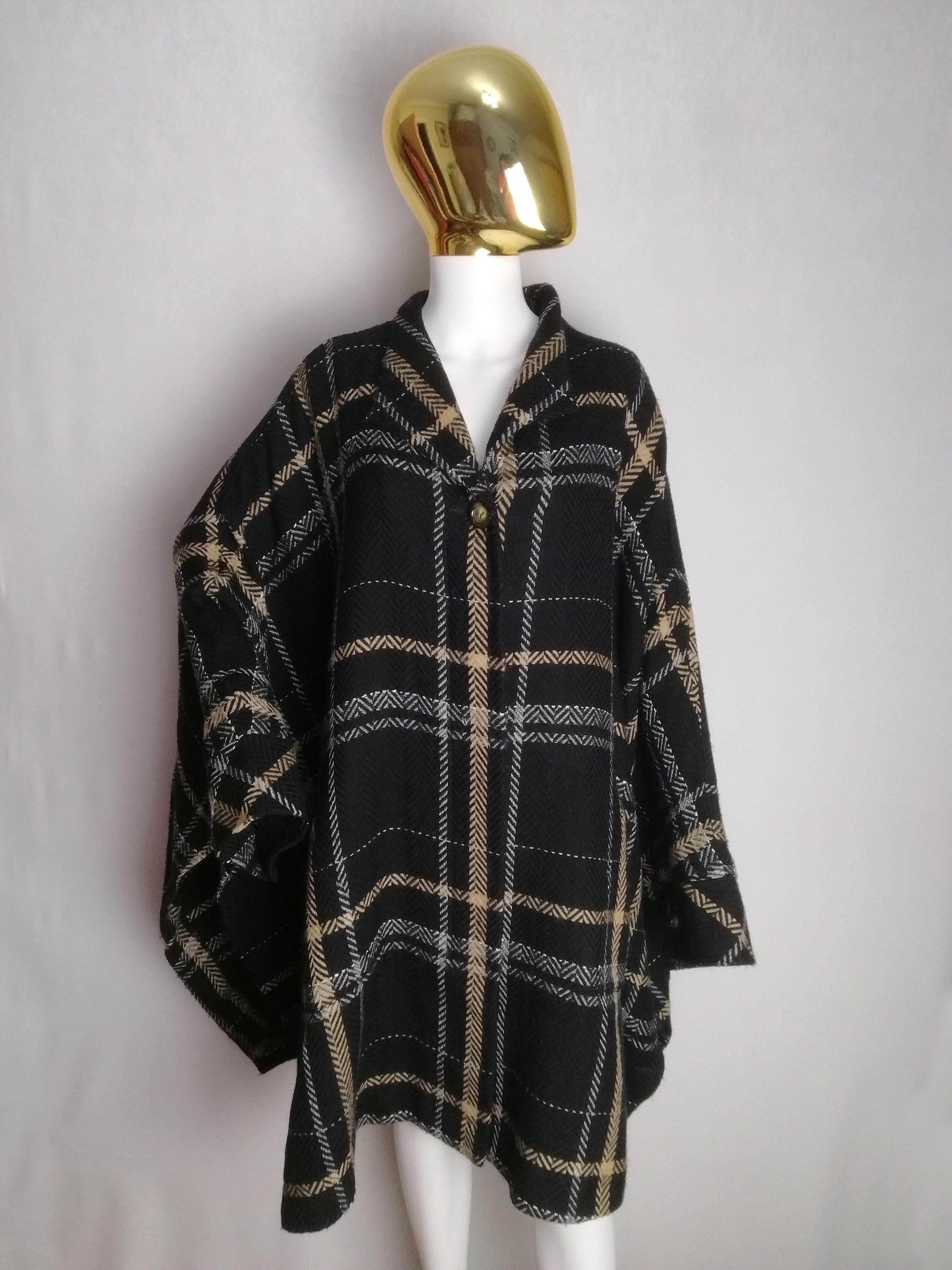 CARVEN PARIS Wool Cape Coat, 90s Oversized Tweed Poncho, Pure New Wool Plaid Coat, French Designer Wrap, Womens Warm Winter Cloak, Size 16
