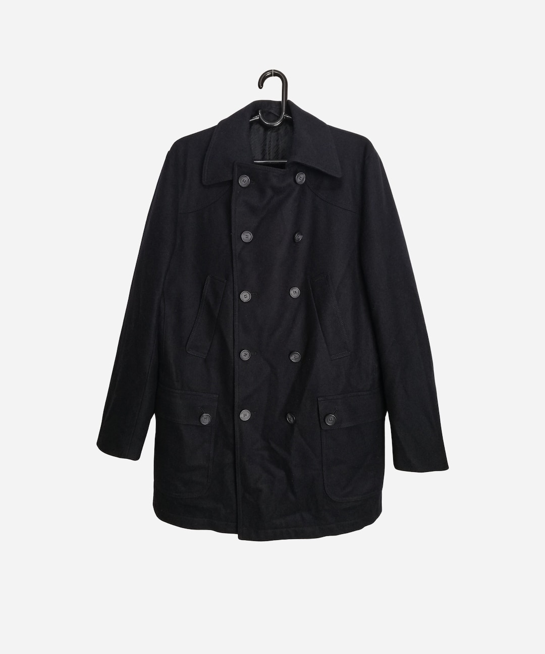 HUGO BOSS Vintage Wool Coat, Mens Double Breasted Overcoat, Navy