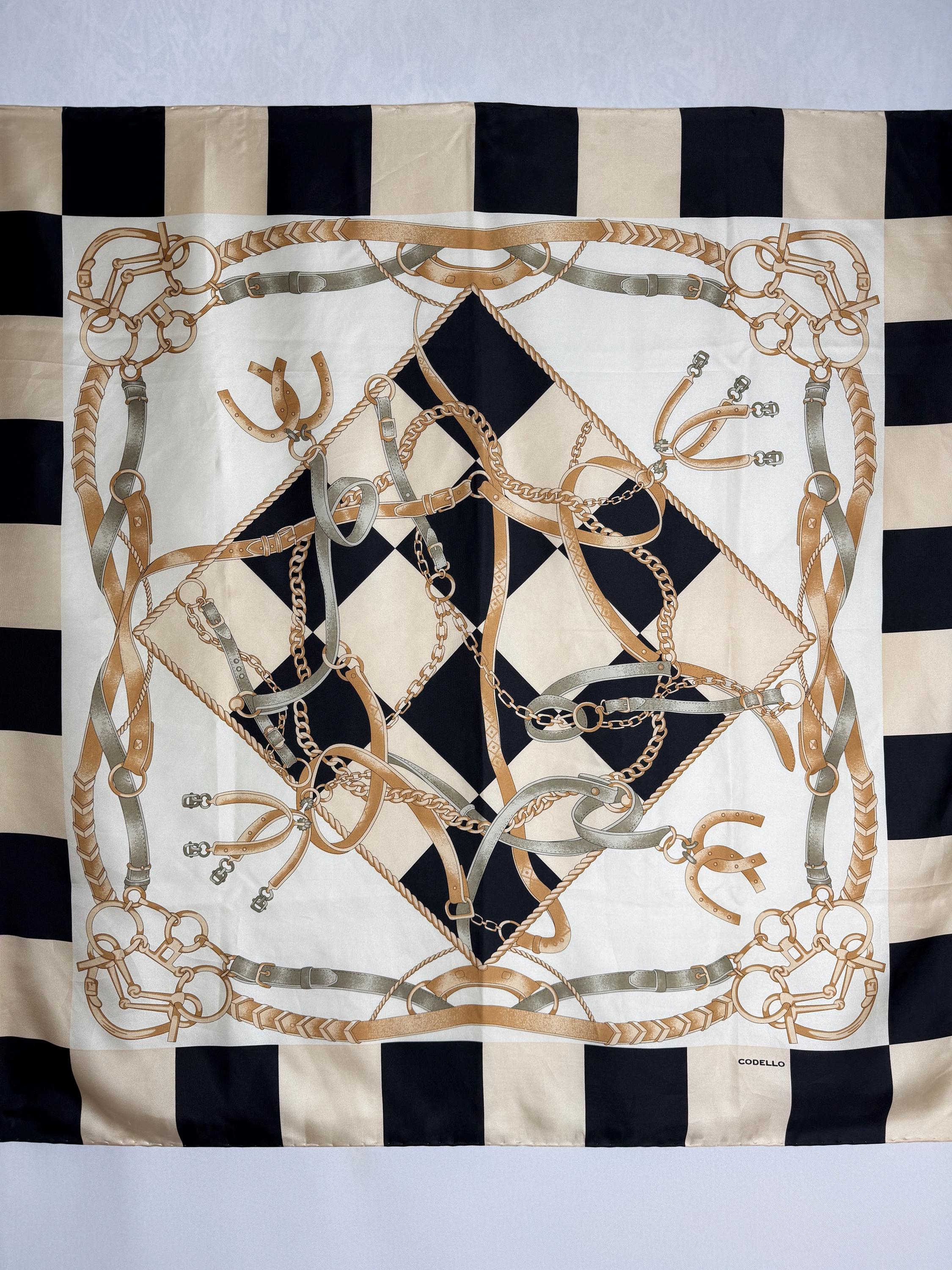 CODELLO Silk Square Scarf, Equestrian Print Head Scarf, Gold