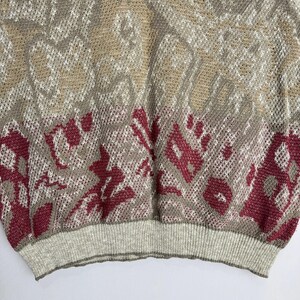 May include: Close-up of a vintage sweater with a patterned design. The sweater features a mix of colors, including beige, burgundy, and gray. The bottom hem and neckline are ribbed. The overall design has a textured appearance.