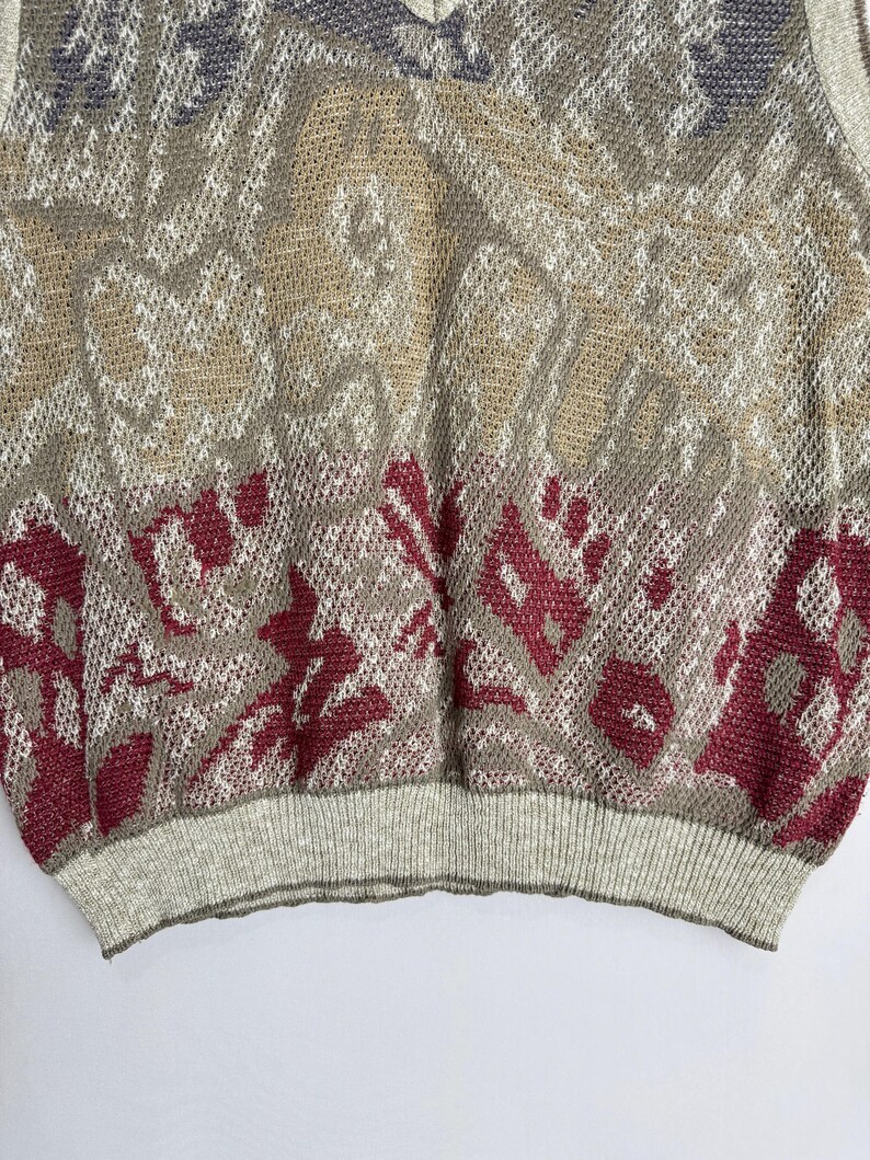 May include: Close-up of a vintage sweater with a patterned design. The sweater features a mix of colors, including beige, burgundy, and gray. The bottom hem and neckline are ribbed. The overall design has a textured appearance.