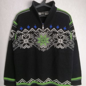 Norwegian Wool Zip Up Sweater, 90s Nordic Folk Sweater, Scandinavian Pattern Jumper, Mens Wool Knitwear, Warm Winter Ski Sweater, Size L