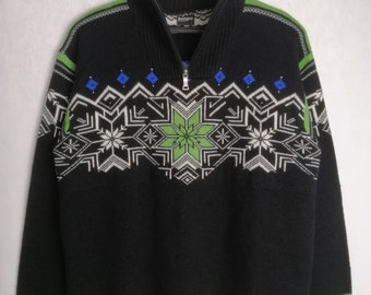 Norwegian Wool Zip Up Sweater, 90s Nordic Folk Sweater, Scandinavian Pattern Jumper, Mens Wool Knitwear, Warm Winter Ski Sweater, Size L
