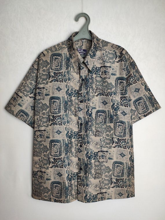90s Thai Silk Shirt, Abstract Print Button Up, Mens Unique 90s Thai Silk Shirt, Abstract Print Button Up, Mens Unique