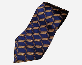 May include: A navy blue silk tie with a repeating pattern of gold running dogs.