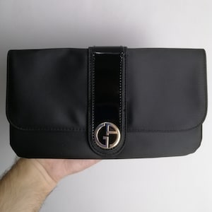 GIORGIO ARMANI Cosmetic Bag, Italian Designer Clutch Bag, Black Travel Pouch, Polyester Vanity Case, Womens Toiletry Bag, Makeup Bag Purse