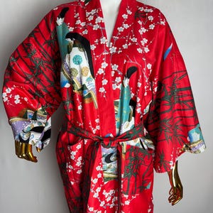 90s Sakura Print Kimono, Traditional Japanese Robe, Tie Belt Cotton Kimono, Red Lingerie Robe, Womens Belted Long Kimono, Made In Japan, L