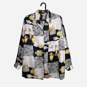 VINTAGE Womens Silk Blouse 80s Oversized Pure Silk Shirt Extra Large Long Sleeve Novelty Print Blouse