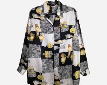 VINTAGE Womens Silk Blouse 80s Oversized Pure Silk Shirt Extra Large Long Sleeve Novelty Print Blouse