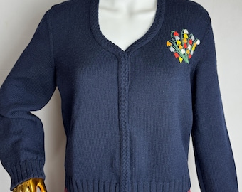 Vintage Hand Embroidered Cardigan, 80s Navy Blue Wool Sweater, Handmade Floral Knit Snap Cardigan, Grandpa Cottagecore Classic Knitwear, S