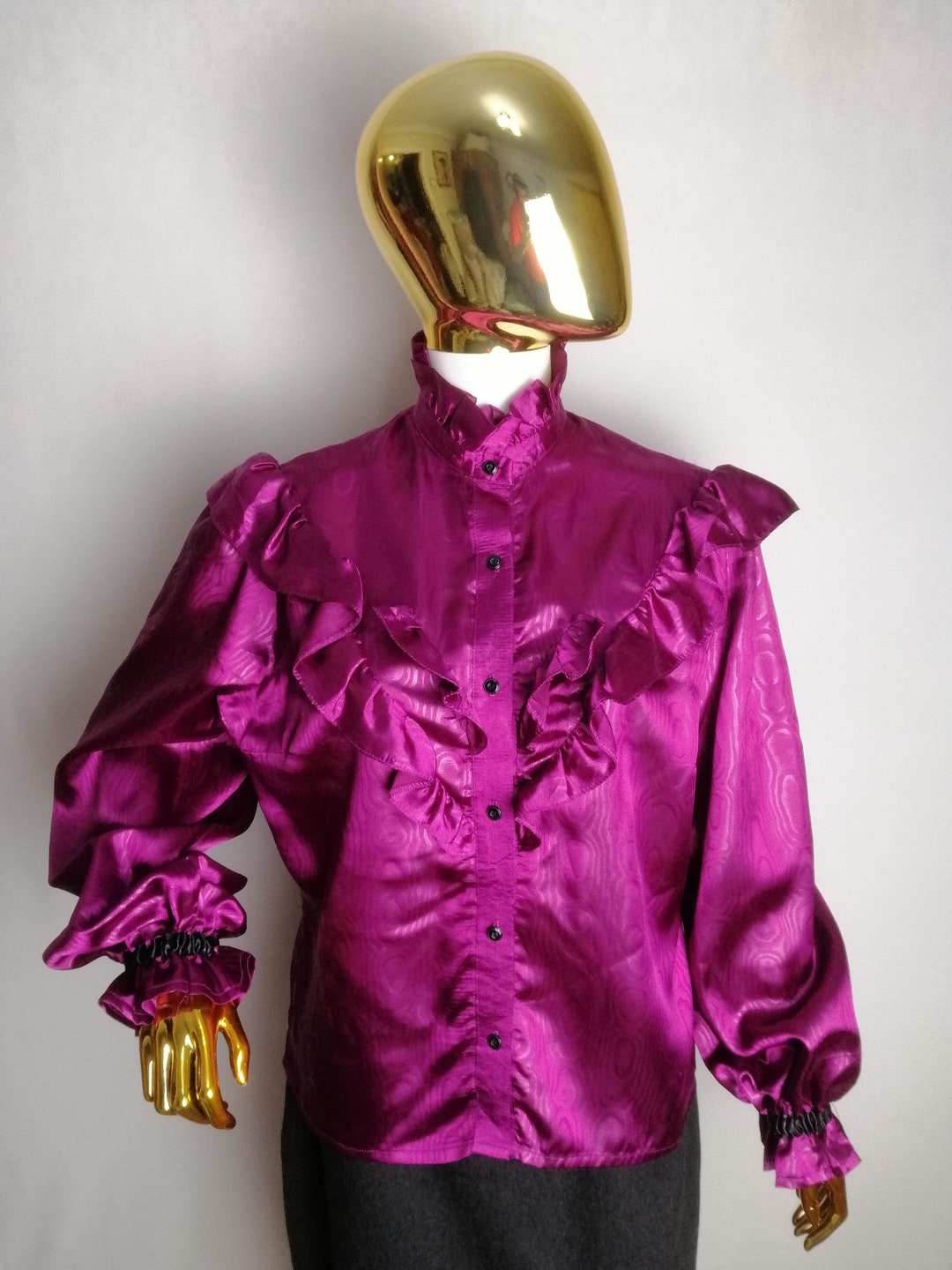 80s Ruffle Collar Blouse, Long Sleeve Secretary Blouse, Fuchsia Silky ...