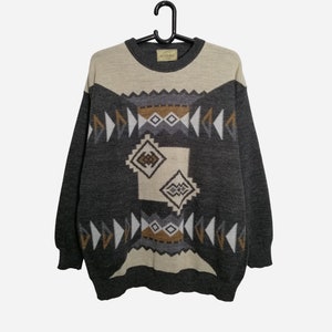 VINTAGE Mens Sweater 90s 80s Oversized Wool Geometric Patterned Grandpa Hipster Sweater Size XL