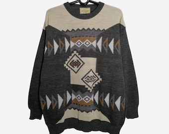 VINTAGE Herrtröja 90-80-tal Överdimensionerad Ull Geometrisk Mönstrad Morfar Hipstertröja Storlek XL