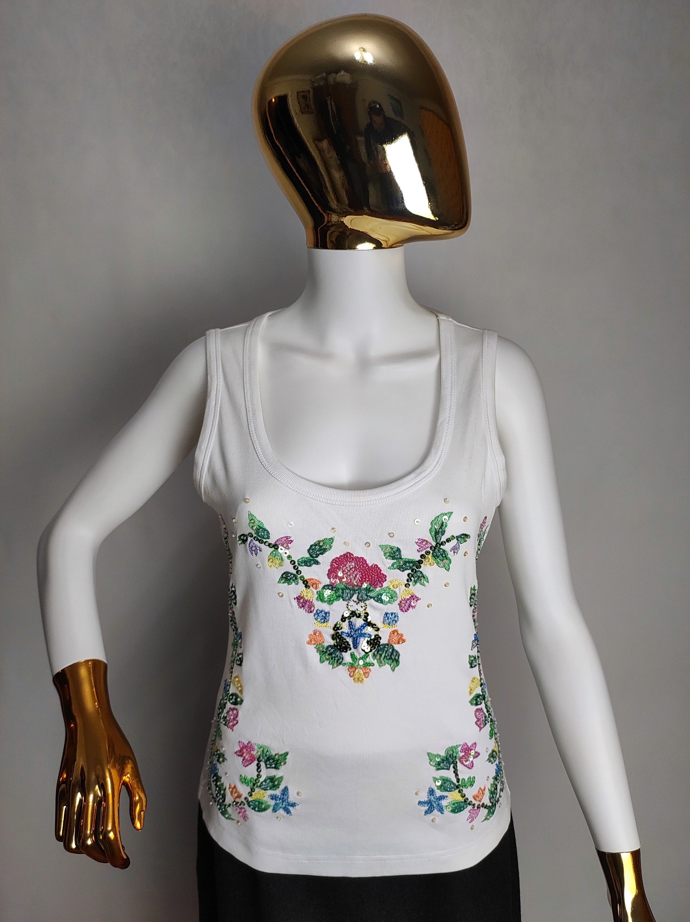 ESCADA Beaded Sequin Top, Floral Embroidery Cotton Tank Top ESCADA Beaded Sequin Top, Floral Embroidery Cotton Tank Top