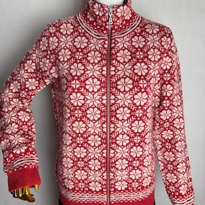 BOGNER Wool Ski Sweater, Red Full Zip Up Sweater, Nordic Snowflake Pattern Jumper, Womens Norwegian Sweater, Scandinavian Folk Knitwear, M L