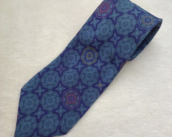 RICHEL Silk Tie, Geometric Print Blue Necktie, Floral Pattern Designer Tie, Men Collectible Neck Tie, Wedding Accessory, Unique Gift For Him