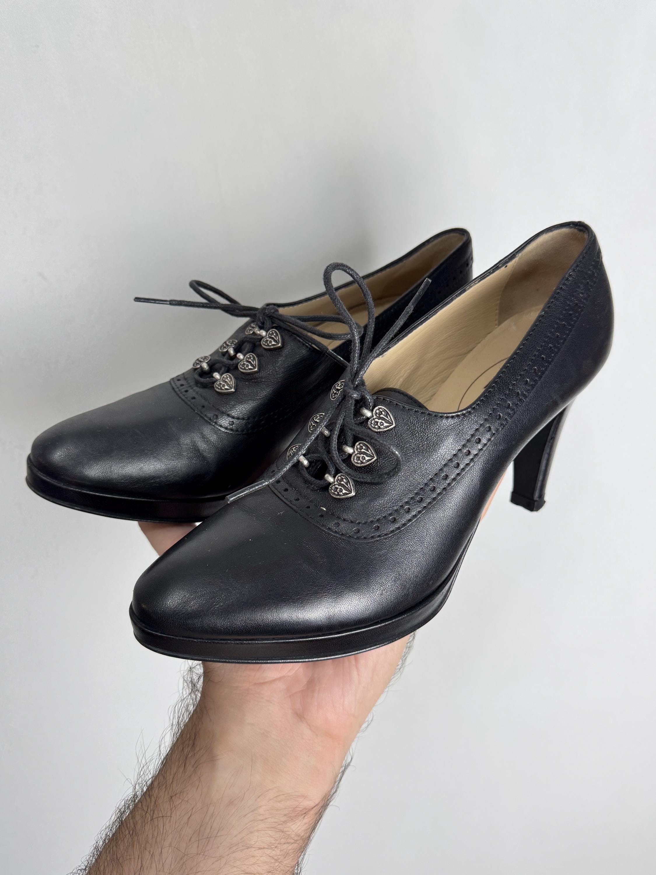 Zapatos de tacón de cuero tradicionales Dirndl, zapatos con cordones Trachten para Oktoberfest, zapatos de tacón negros folclóricos austriacos, zapato