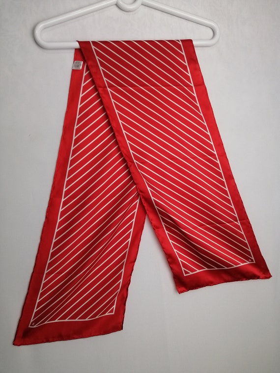 VINTAGE Silk Scarf Red White Striped Pure Silk Sc… - image 2