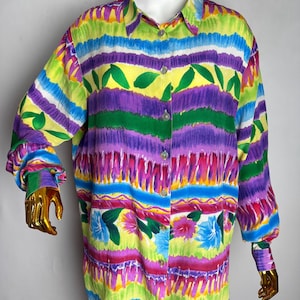 90s Abstract Silk Shirt, Floral Print Button Up, Colorful Pure Silk Blouse, Oversized Long Sleeve Blouse, Psychedelic Summer Festival Shirt