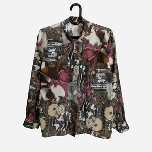 VINTAGE Womens Printed Blouse 80s 90s Oversized Abstract Print Psychedelic Viscose Long Sleeve Button Up Shirt