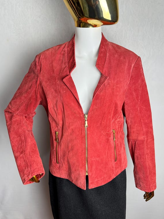 Coral Red Real Suede Jacket, Genuine Leather Zipped Jacket, Y2K Stylish Fall Jacket, Womens Boho Zip Front Coat, Biker Moto Outerwear, M L