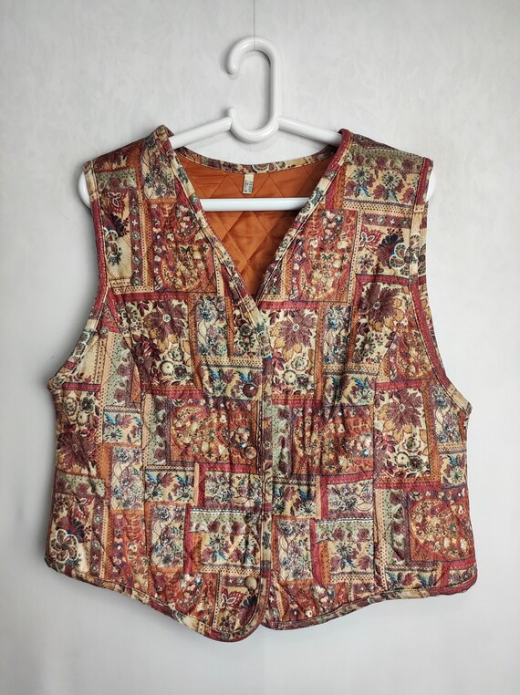 80s Quilted Vest, Womens Floral Waistcoat, Colorfu