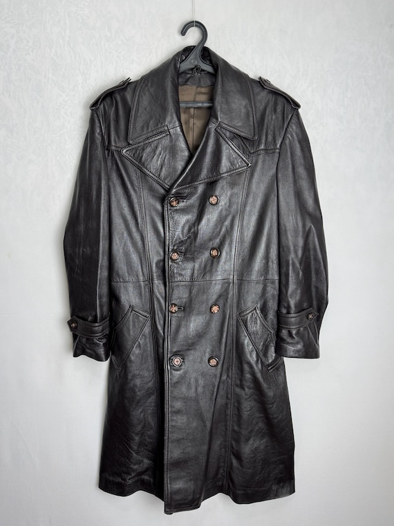 80s Nappa Leather Mens Coat, Classic Double Breast Trench Coat, Dark Chocolate Brown Long Jacket, Retro Minimalist Soft Leather Outerwear, M