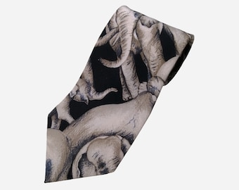 VINTAGE mens zijden stropdas olifant dierlijke print bruiloft stropdas voor mannen cadeau voor hem stof frontlinie Zürich gemaakt in Zwitserland
