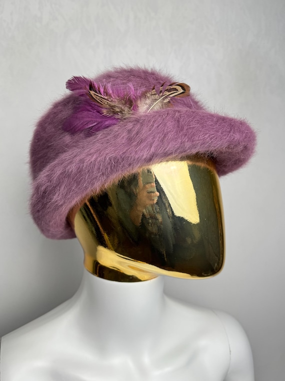 60s Style Angora Hat, Soft Plush Purple Cloche Hat, Womens  display picture 2