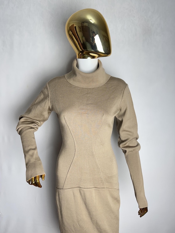 Azzedine Alaïa, 80s ALAÏA Wool Dress, Azzedine Alaia Fitted Waist Dress, Designer Long Sleeve Jersey Dress, Haute Couture Runway Midi Dress, Made In Italy