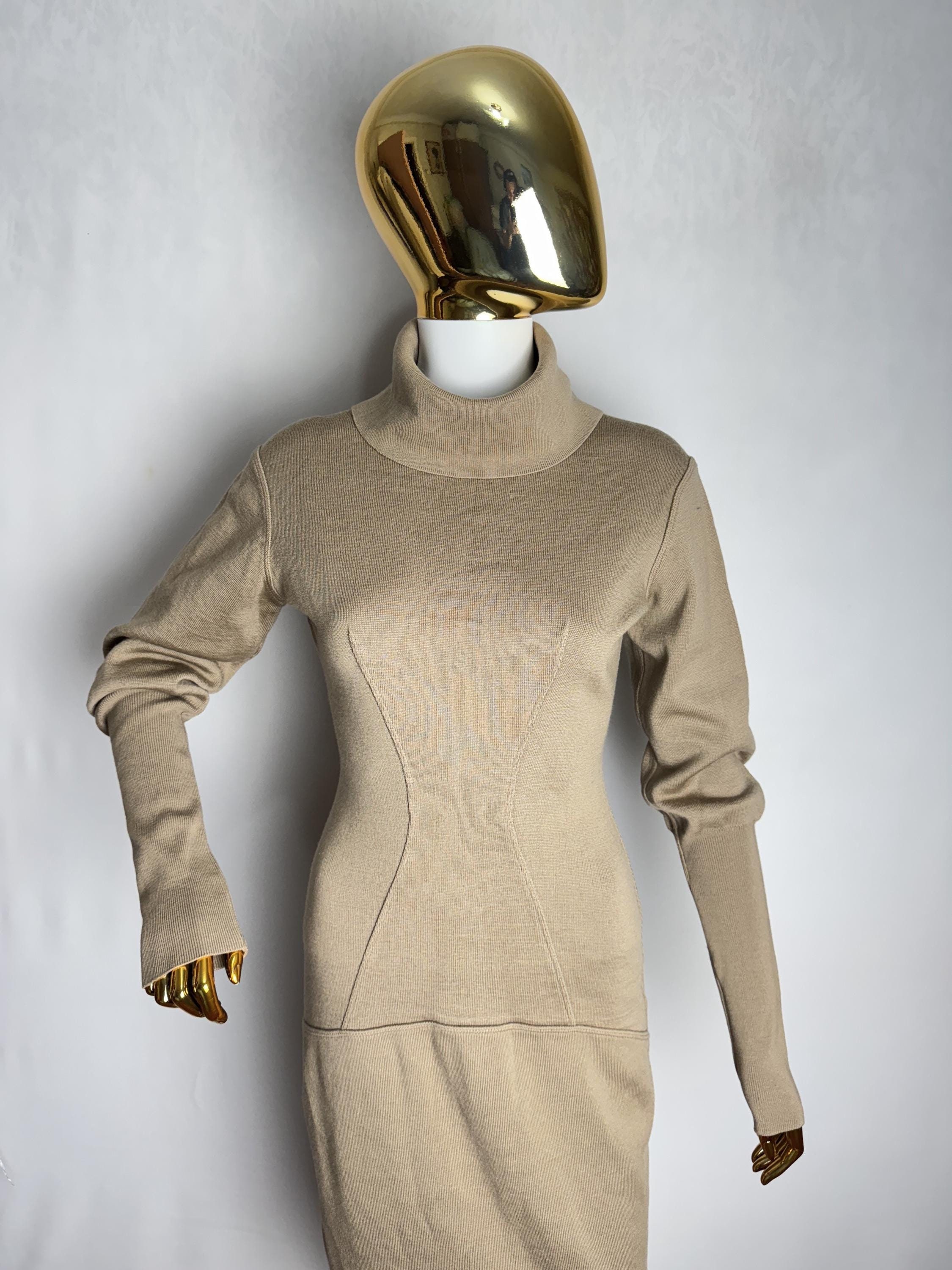 Azzedine Alaïa, 80s ALAÏA Wool Dress, Azzedine Alaia Fitted Waist Dress, Designer Long Sleeve Jersey Dress, Haute Couture Runway Midi Dress, Made In Italy