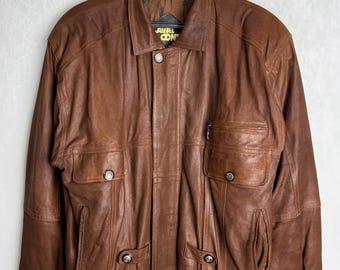Vintage Italian Leather Jacket, 80s Men Brown Fall Coat, Rugged