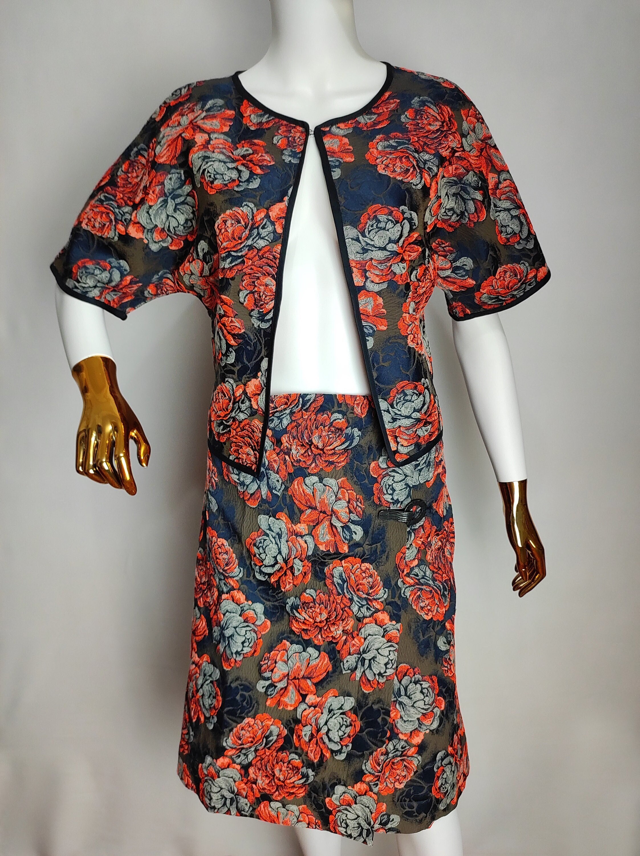 70s Floral Tapestry Suit, Oriental Style Skirt Suit, Rose