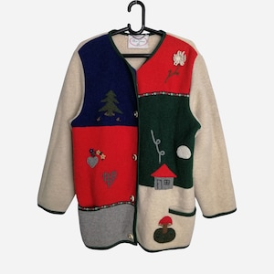 VINTAGE Embroidered Wool Cardigan Austrian Dirndl Trachten Oversized Sweater Oktoberfest Tyrolean Bavarian Edelweiss Knitwear